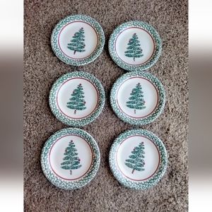 6 Furio Christmas Tree 7.75" Bread/ Salad  Plates Green Sponged Made In …